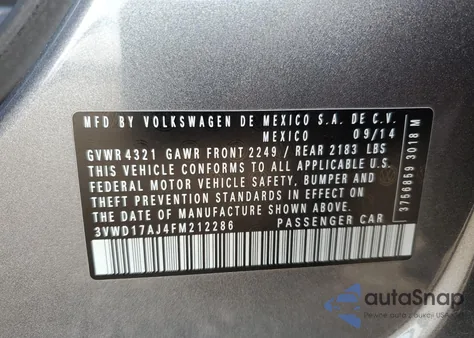 2015 Volkswagen Jetta Se из США, поврежденный, VIN 3VWD17AJ4FM212286